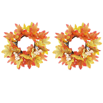 2-Pack 9.8" Fall Candle Ring Wreaths - Maple Leaf & Sunflower Decor