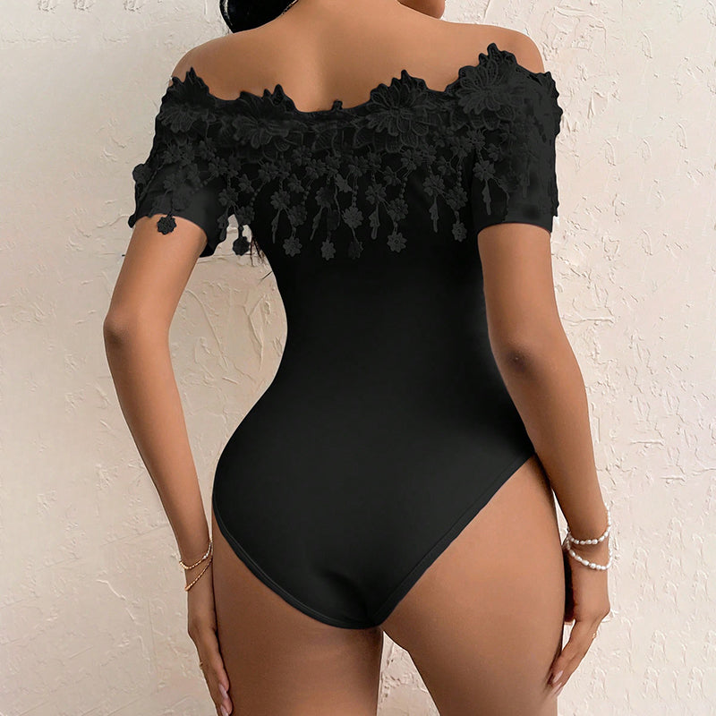 Women's Off Shoulder Short Sleeve Bodysuit Sexy Lace Bodycon Top