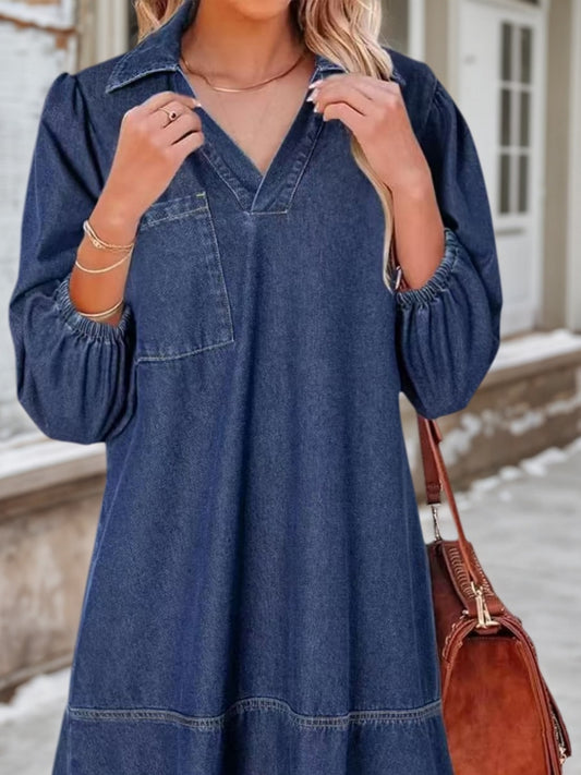 New Women's Casual Doll Dress With V-neck, Three-quarter Length, Puffed Sleeves, And Denim Material