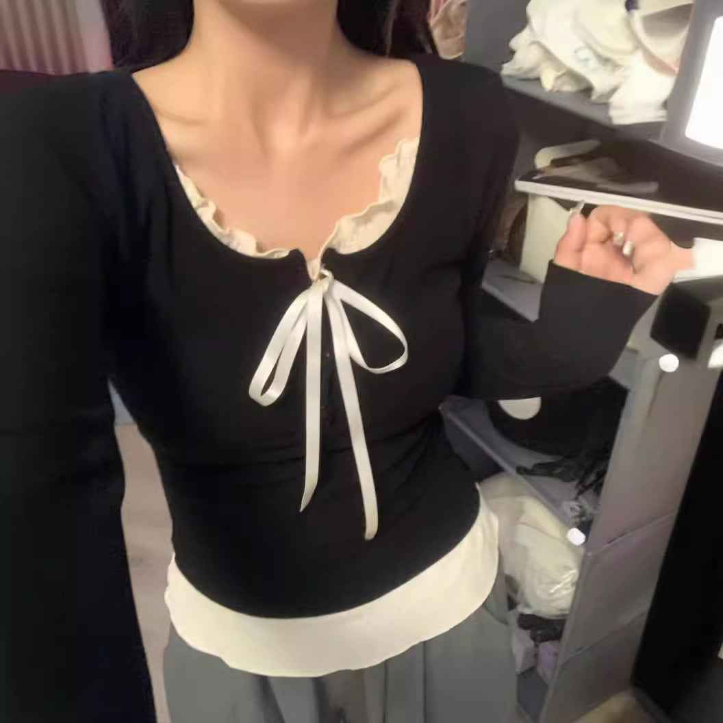 Women's Top With Chest Pad And Wooden Ear Fake Two-piece T-shirts