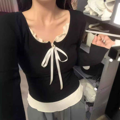 Women's Top With Chest Pad And Wooden Ear Fake Two-piece T-shirts