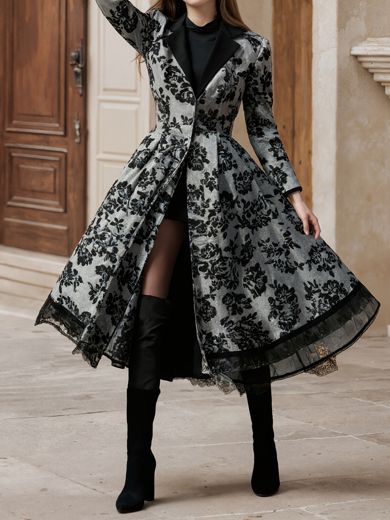 New Women’s Evening Dress, Lace Decoration, Collar, Flower Print Press, Long Sleeve, Dance Dress