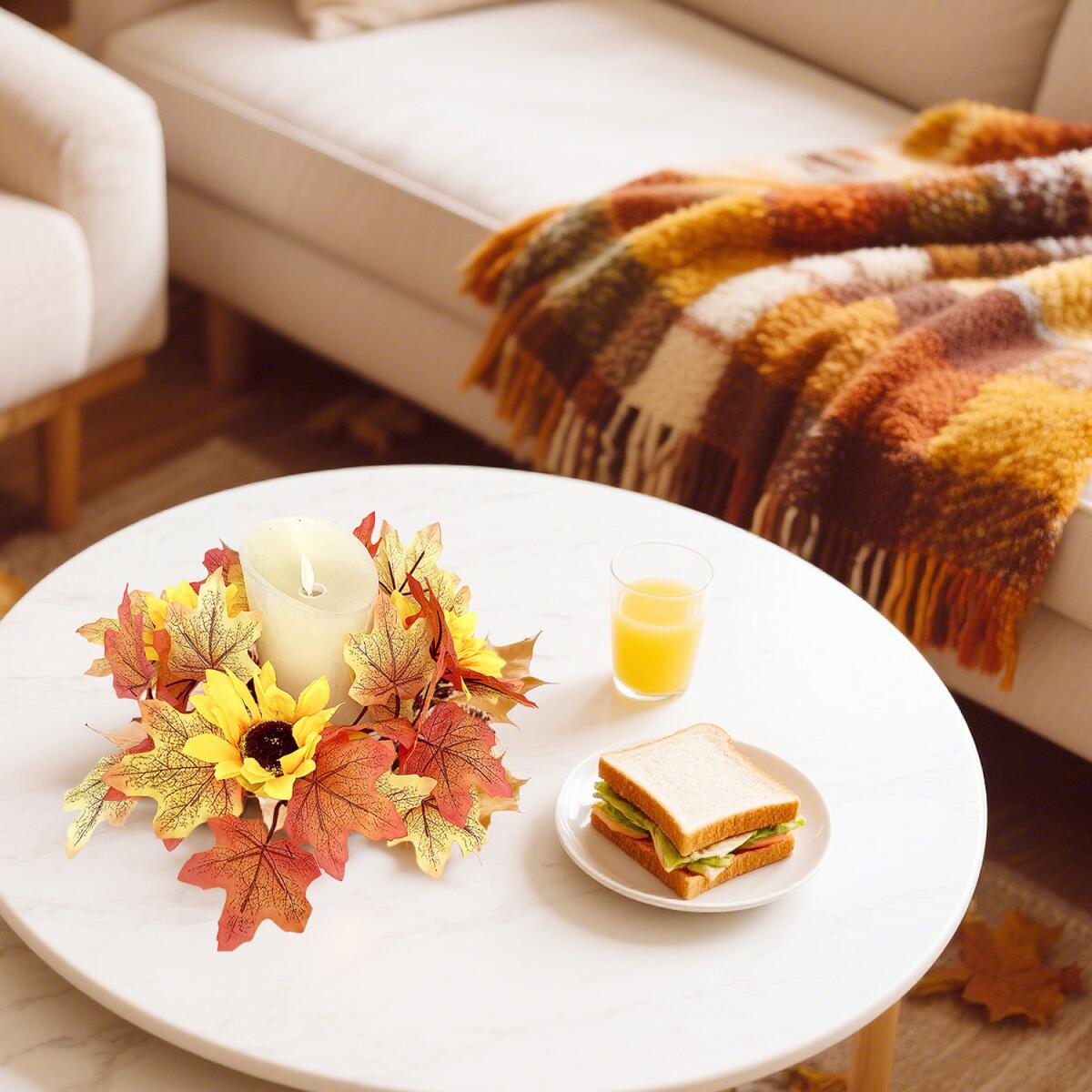 2-Pack 9.8" Fall Candle Ring Wreaths - Maple Leaf & Sunflower Decor