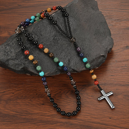 Fashionable Colorful Natural Stone Cross Rosary Necklace