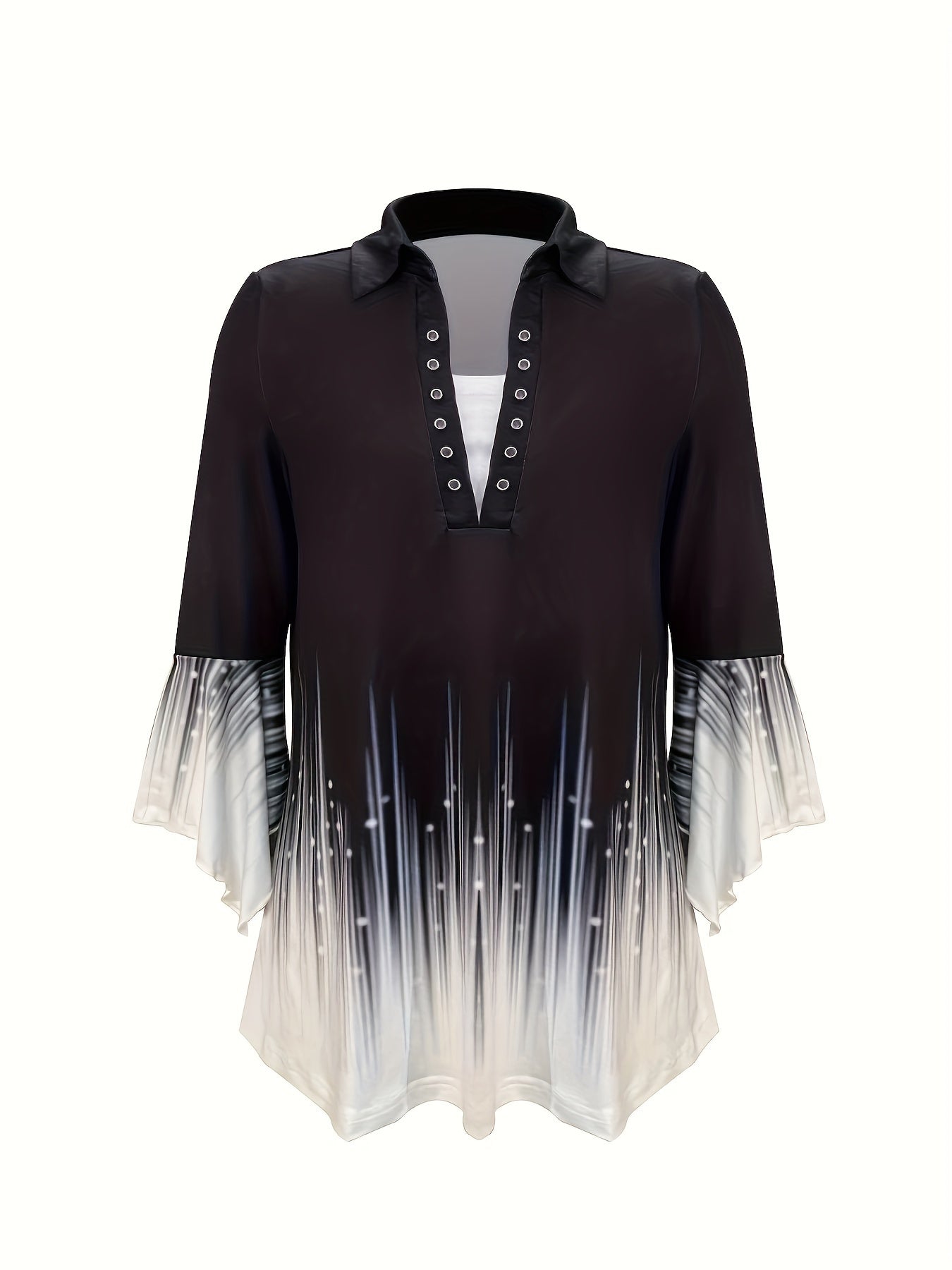 Spring And Autumn New Printed Lapel Three-quarter Sleeve T-shirt Irregular Cuff Button Top