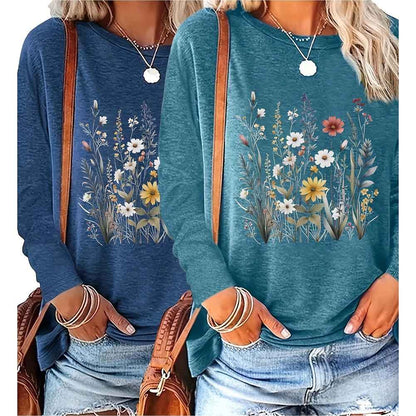 2 Pack Flowers Graphic Long Sleeve Tees Shirts For Women Casual Loose Fitted Tshirts Boho Wildflower Trendy Tops