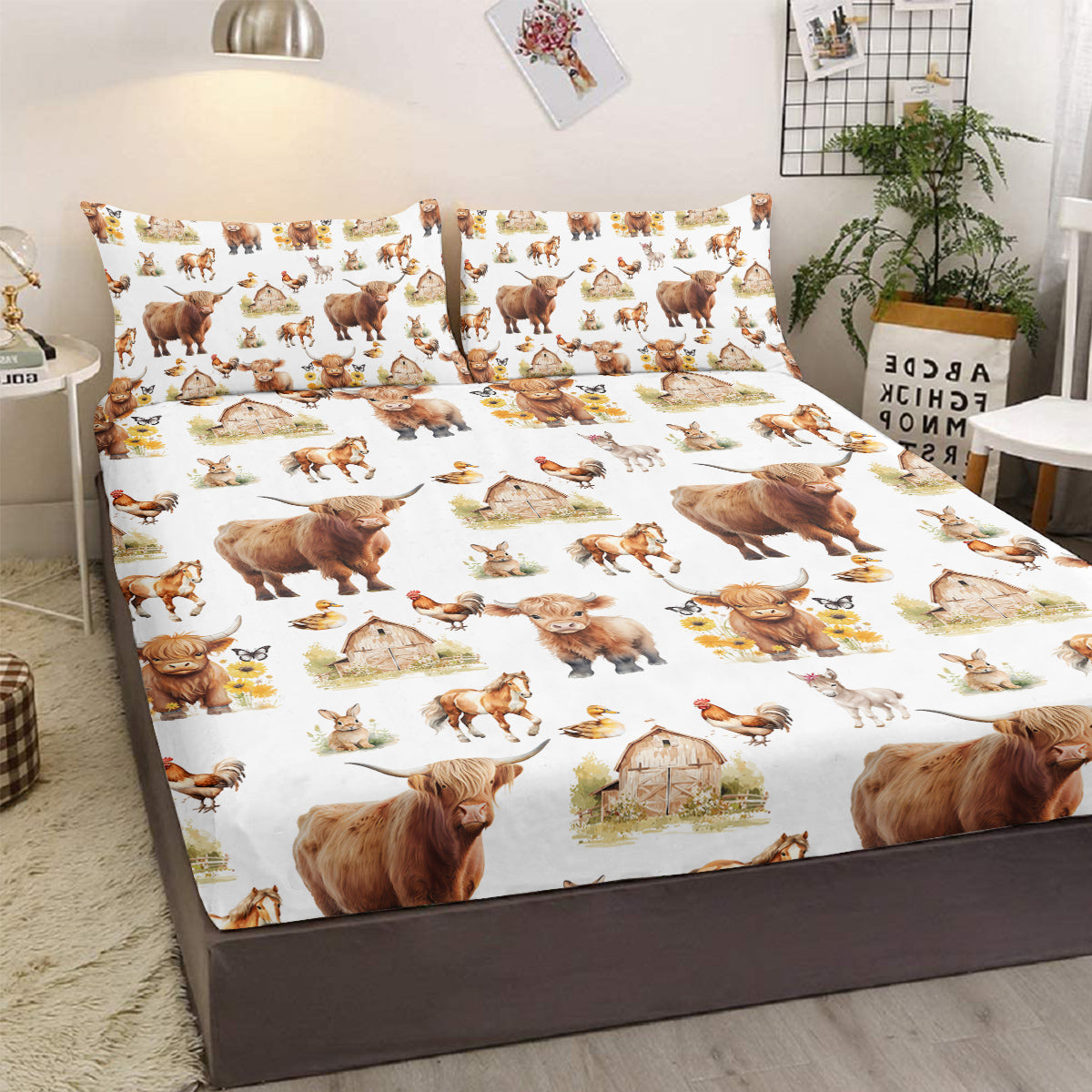 3pcs Little Cow And Duck Pet Theme Children's Fun Style Minimalist Comfort Series Bed Sheet And Two Pillowcases Bedding For All Seasons Use