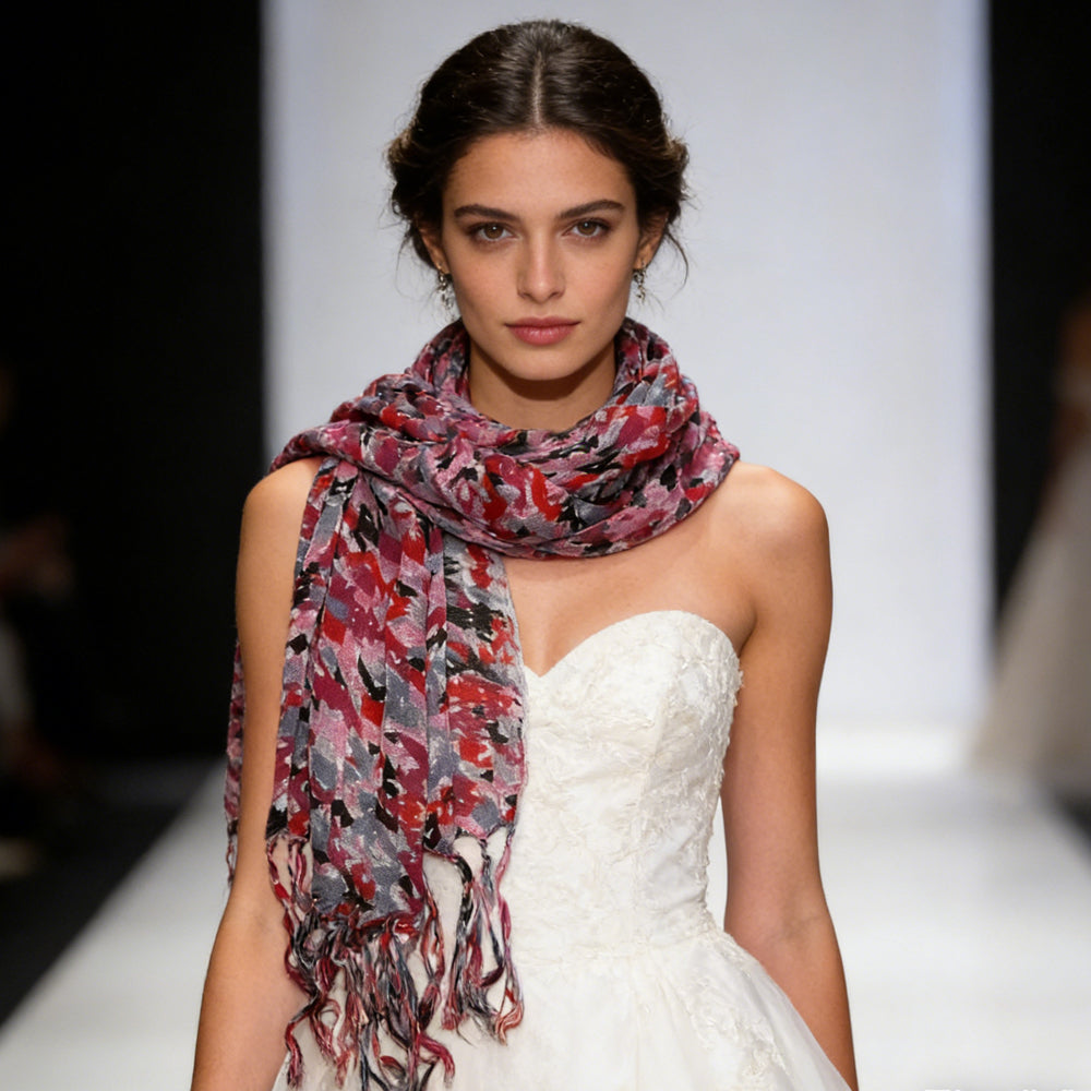 Red Printed Viscose Scarf - Flowy Long Scarf For Dresses 67inchx24inch