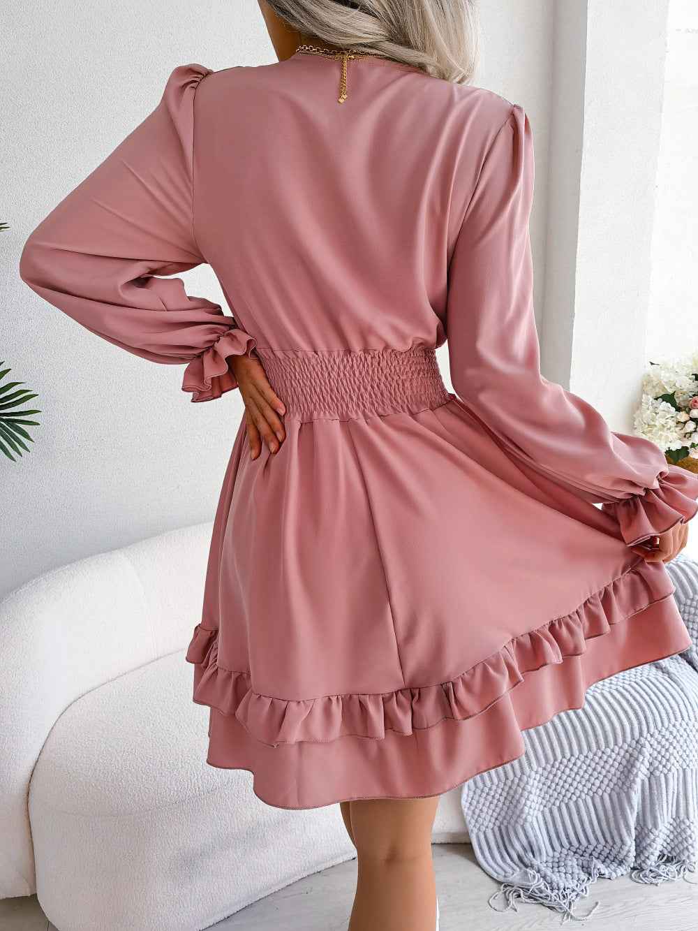 Summer Dresses Solid Color V-neck Long Sleeve Dress For Women Sexy V-neck Lace Up A-line Dress Women's Beach Dress