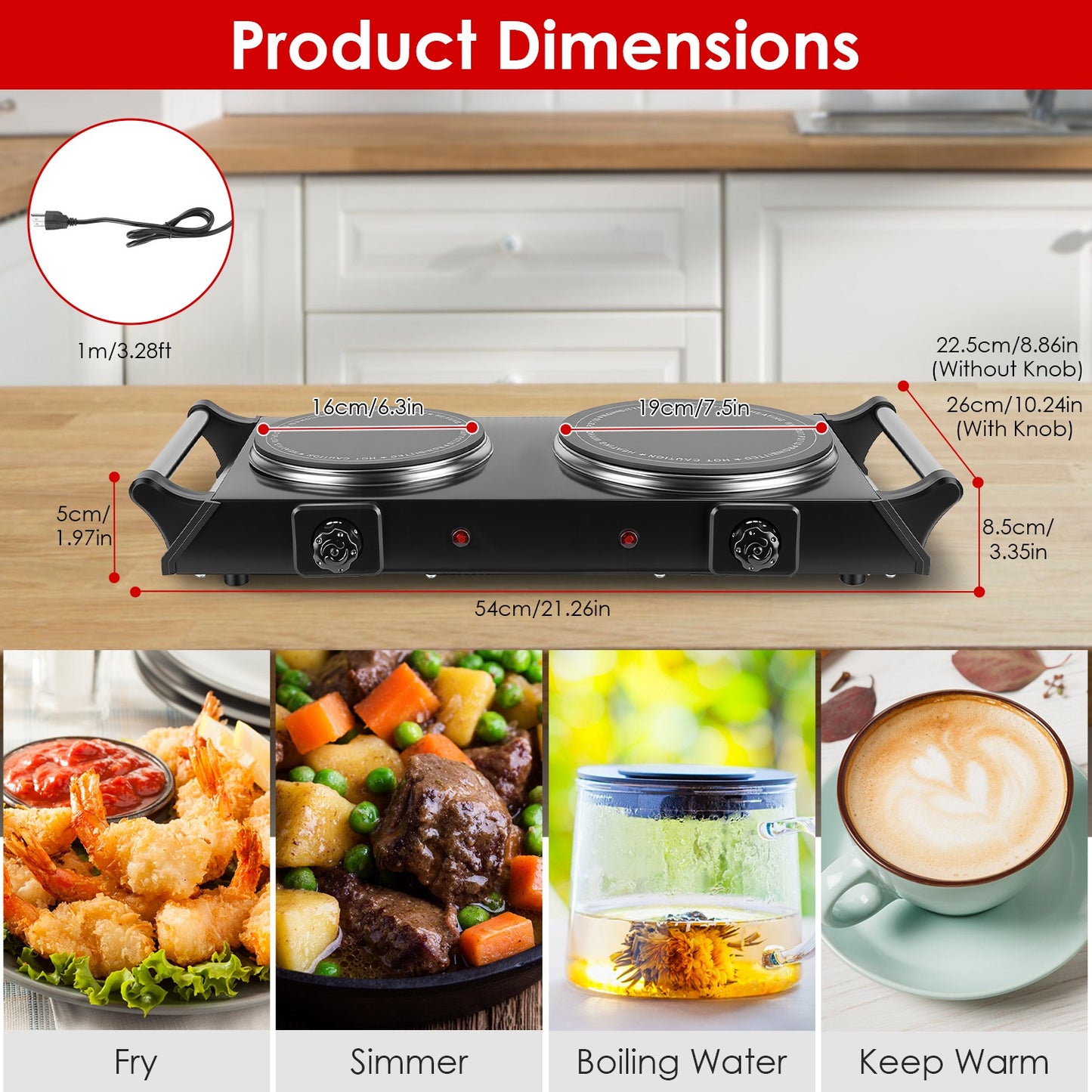 1800W Electric Double Burner Portable Heating Hot Plate Stove Countertop RV Hotplate With 5 Temperature Stepless Adjustments Portable Handles