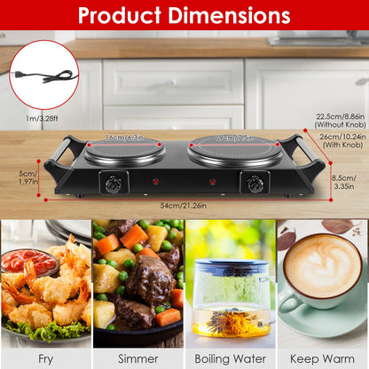 1800W Electric Double Burner Portable Heating Hot Plate Stove Countertop RV Hotplate With 5 Temperature Stepless Adjustments Portable Handles