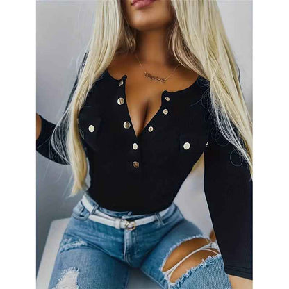 Womens Long Sleeves Ribbed Knit Tunic Shirts Scoop Neck Button-Up Tops Slim Fit Blouses