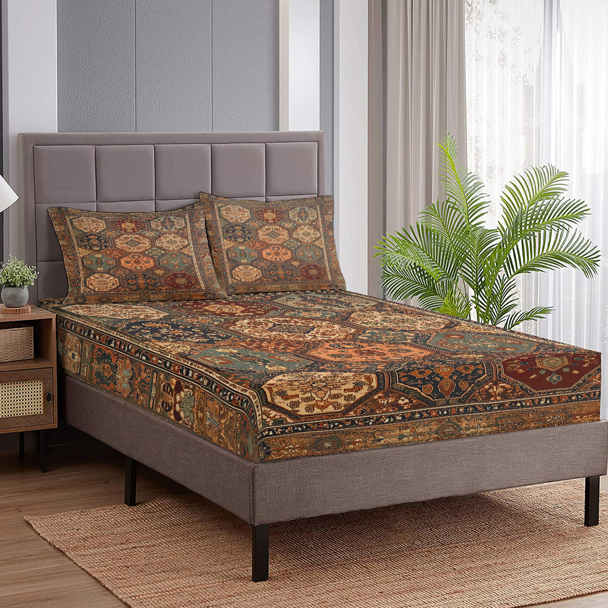 3pcs Retro Bohemian Geometric Style Minimalist Comfort Series Bed Fitted Sheet And Two Pillowcases Bedding For All Seasons Use