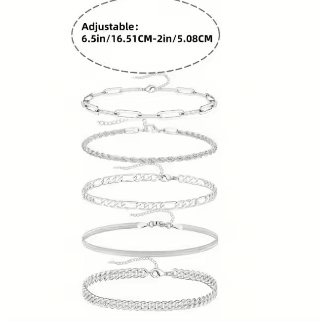 5pcs Silver Bracelets For Women, 14K Silver Plated Dainty Bracelets Set For Women Trendy Adjustable Stackable Bracelets