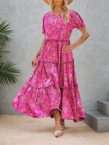 New Summer Casual Bohemian Flower Dress Women’s Bubble Short Sleeve Long Dress With Pocket