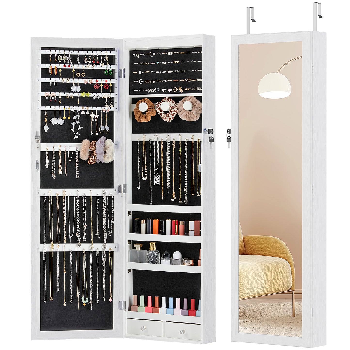 Wall-door Mounted Jewelry Wardrobe Large Capacity Mirror And LED Light Lockable Organizer