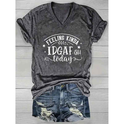 Women V Neck Short Sleeve Summer Tops Funny Letter Printed Loose Casual T Shirts