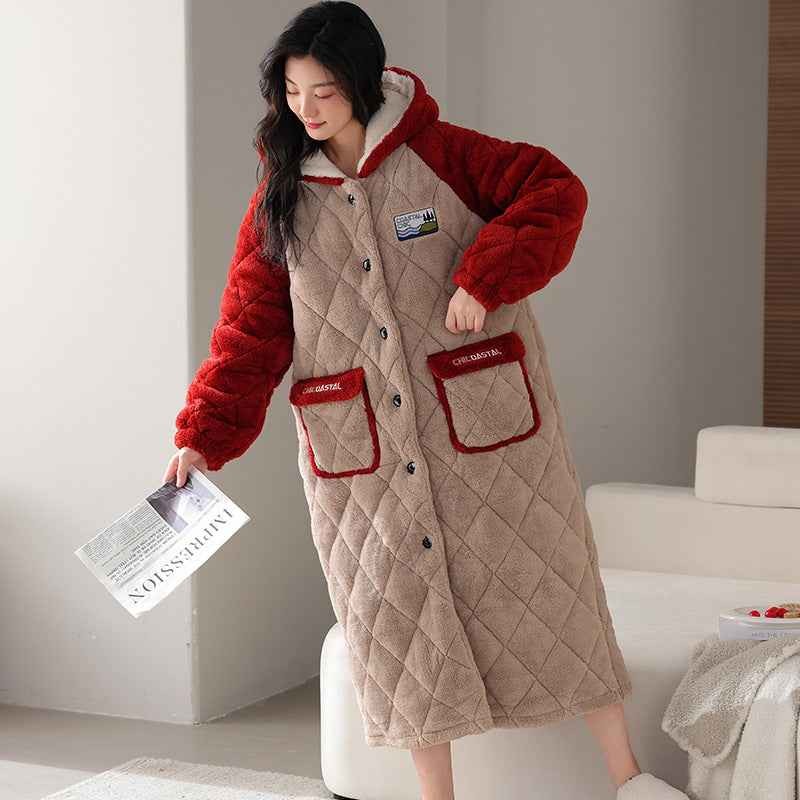 Winter Couple's Robe For Women Thickened And Fleece-lined Long Coral Fleece