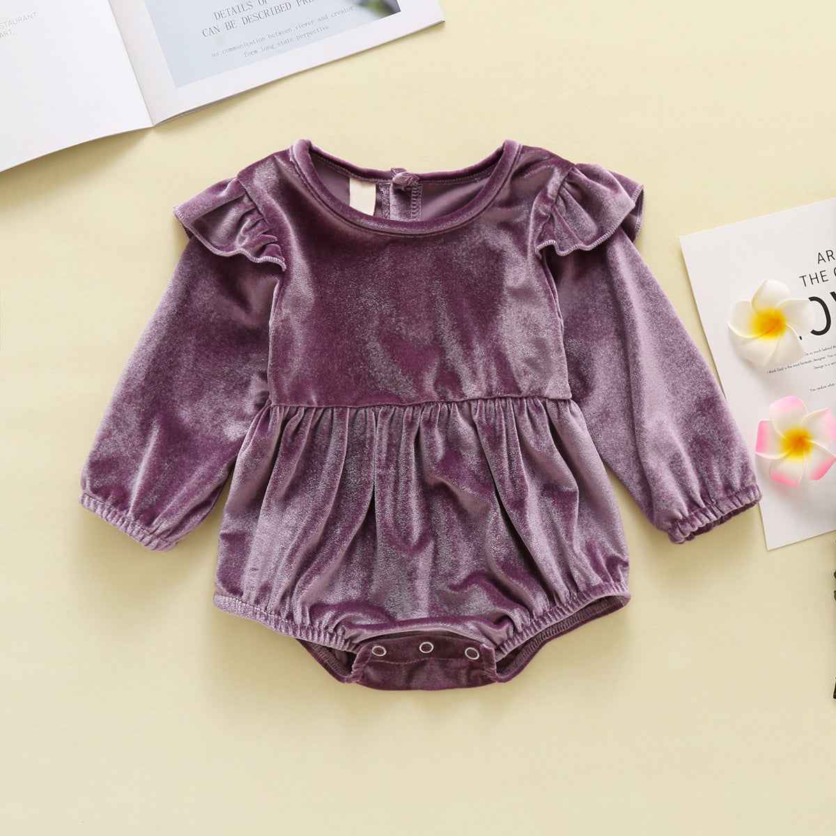 Baby Girl Autumn And Winter Clothing Candy Color Flounced Sleeve Velvet Jumpsuit
