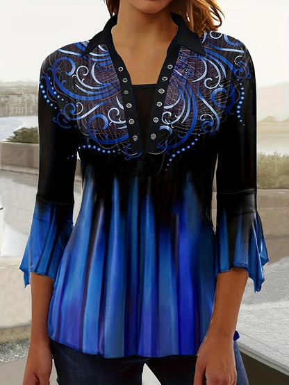 Spring And Autumn New Printed Lapel Blue Three-quarter Sleeve T-shirt Irregular Cuff Button Top