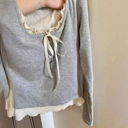 Women's Top With Chest Pad And Wooden Ear Fake Two-piece T-shirts