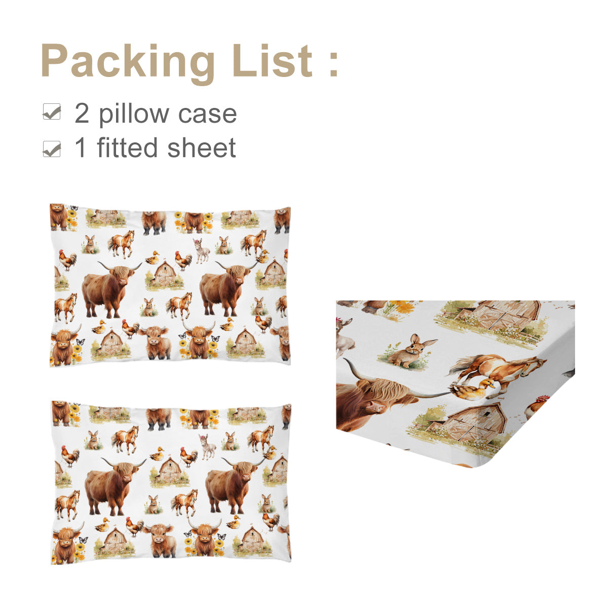 3pcs Little Cow And Duck Pet Theme Children's Fun Style Minimalist Comfort Series Bed Sheet And Two Pillowcases Bedding For All Seasons Use