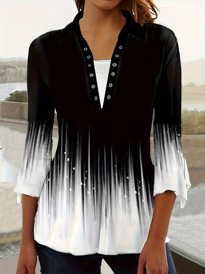 Spring And Autumn New Printed Lapel Three-quarter Sleeve T-shirt Irregular Cuff Button Top