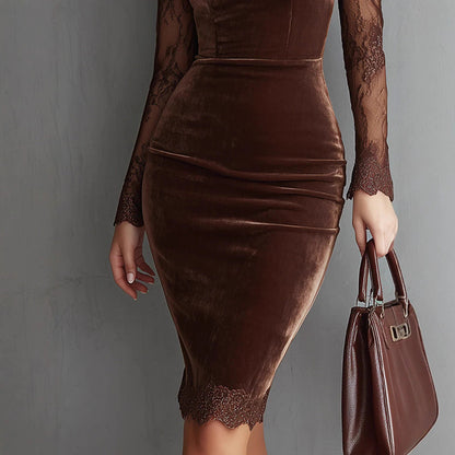 Women's Solid Color Sexy Lace Trim Bodycon Midi Dress, Long Sleeve Party Dress For Spring Autumn Evenings