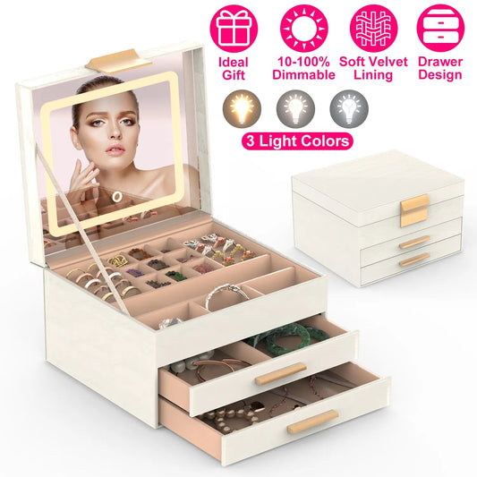 Jewelry Box With LED Mirror 3-Layer Jewelry Organizer With 2 Drawers PU Jewelry Holder With 3 Mirror Light Colors Dimmable For Earrings Rings Bracelets Necklaces GPCT5453