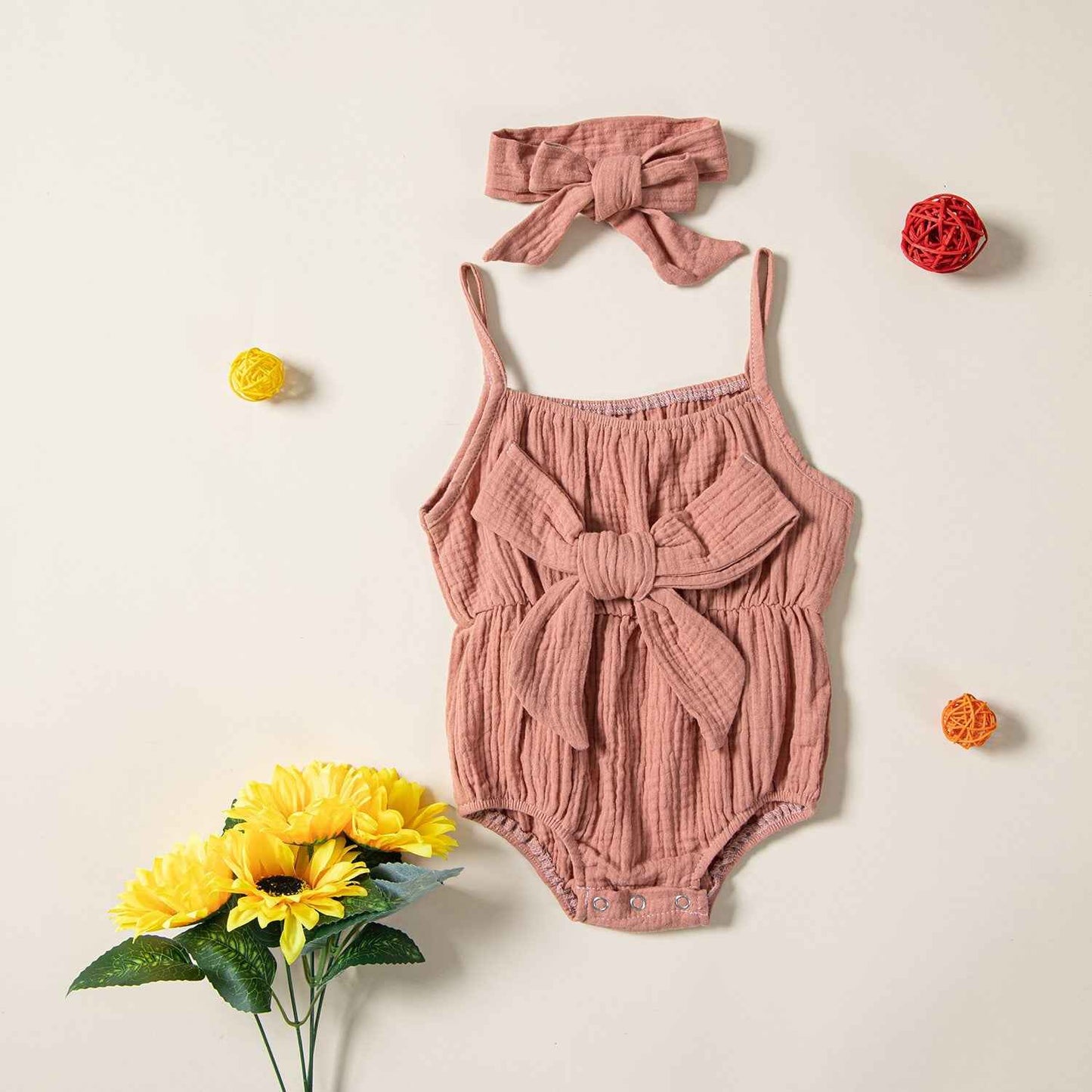 Children's Clothing Ins Summer Infant Sling Romper Solid Color Bow Baby Jumpsuits