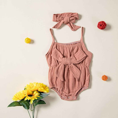 Children's Clothing Ins Summer Infant Sling Romper Solid Color Bow Baby Jumpsuits