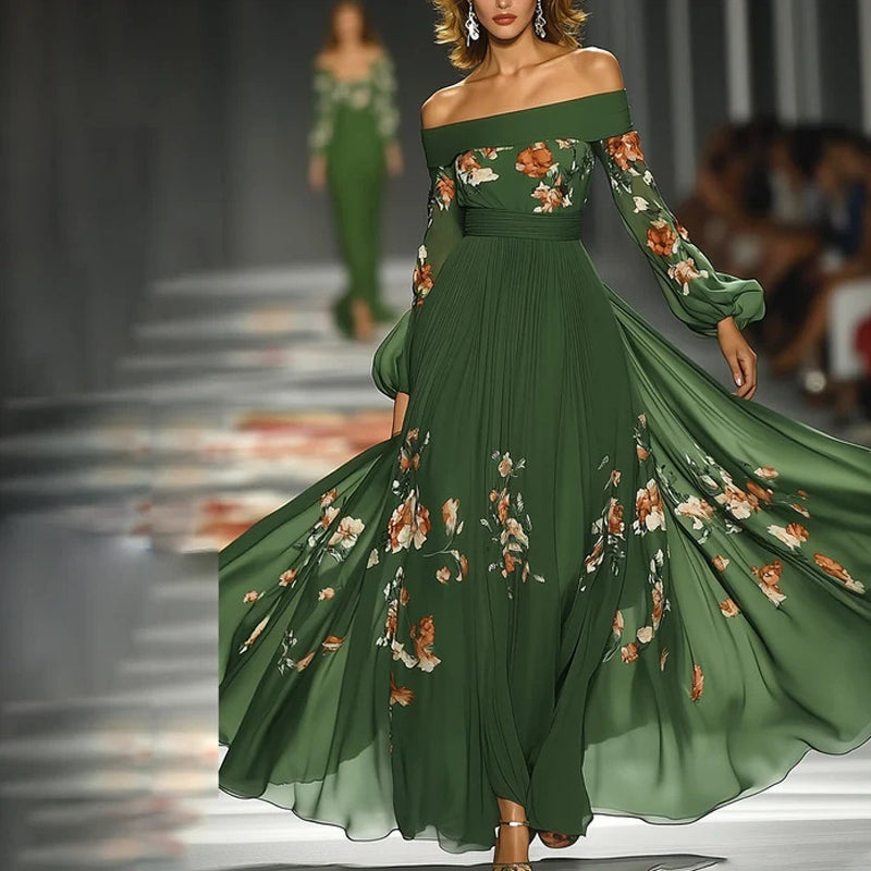 Women's Green Off-Shoulder Floral Print Dress With Puff Sleeves - Flowy A-Line Maxi Evening Dress