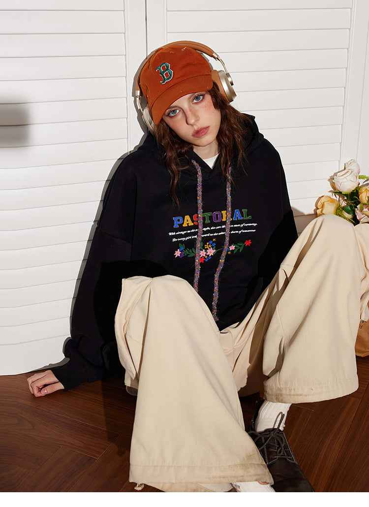 Loose High-grade Retro Bead Caps Rope Embroidered Hoodie Women