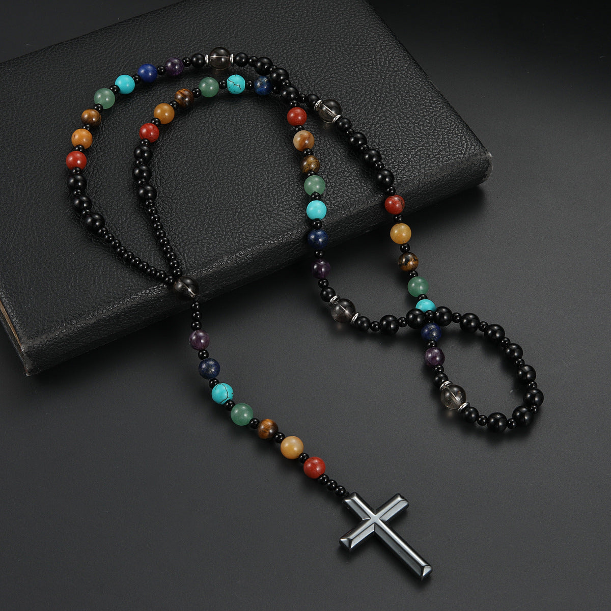 Fashionable Colorful Natural Stone Cross Rosary Necklace