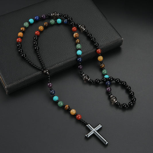 Fashionable Colorful Natural Stone Cross Rosary Necklace