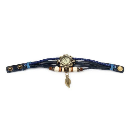 Beautiful Bohemian Style Retro Handmade Leather Tree Leaf Women's Watches Blue