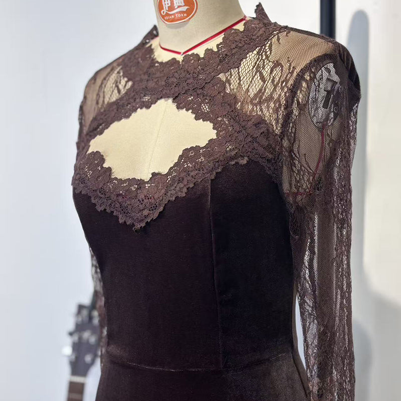 Women's Solid Color Sexy Lace Trim Bodycon Midi Dress, Long Sleeve Party Dress For Spring Autumn Evenings