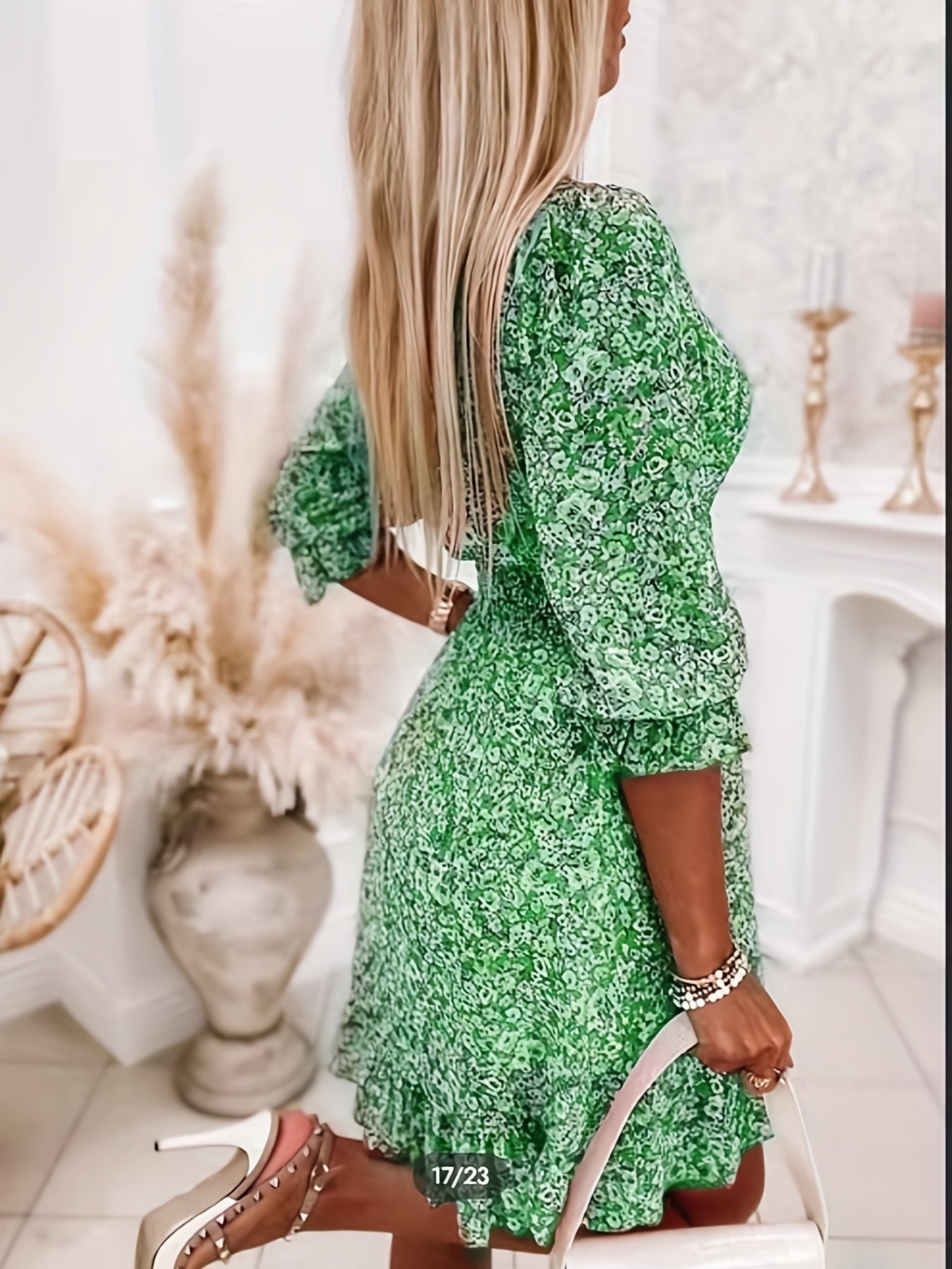 V-neck Printed Dress With Ruffled Sleeves And Waist-exquisite And Elegant Design For Women-perfect For Women's Wear In Spring And Autumn.