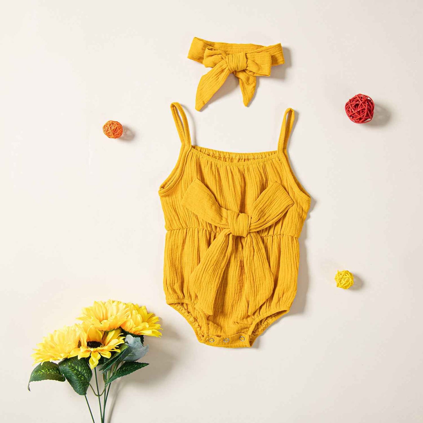 Children's Clothing Ins Summer Infant Sling Romper Solid Color Bow Baby Jumpsuits