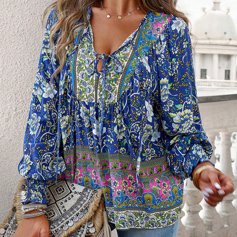 Wpmens Boho Chic Long Sleeve Blouse Floral Print V-Neck Top With Lace-Up & Drawstring Detail Elegant Vacation Shirt