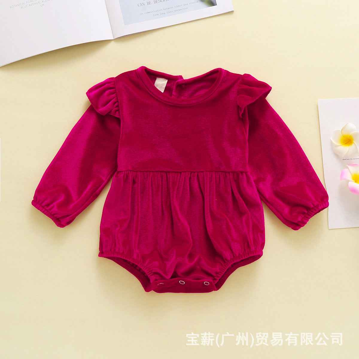 Baby Girl Autumn And Winter Clothing Candy Color Flounced Sleeve Velvet Jumpsuit