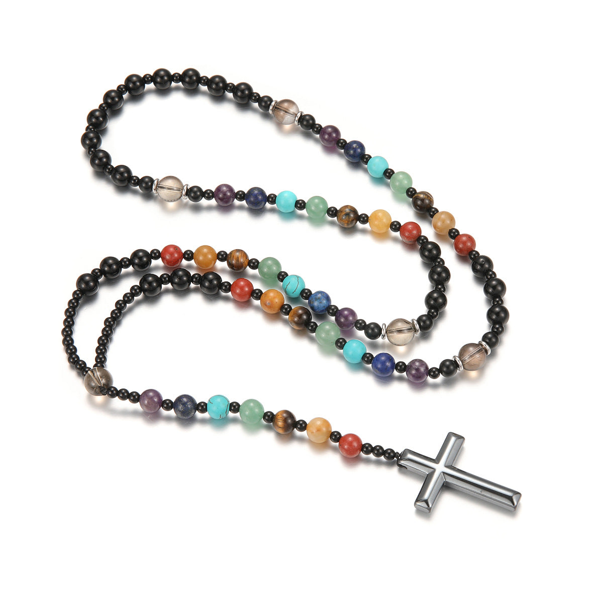 Fashionable Colorful Natural Stone Cross Rosary Necklace