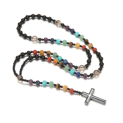 Fashionable Colorful Natural Stone Cross Rosary Necklace