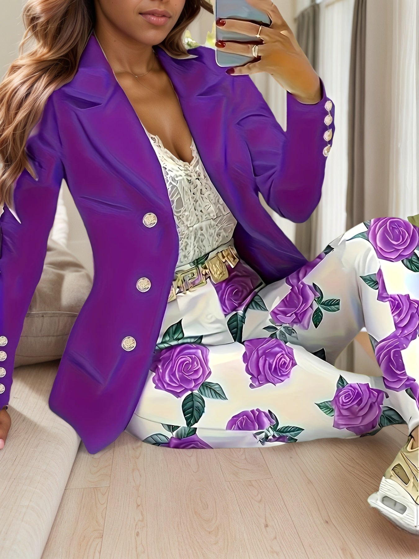 New Elegant And Fashionable Casual Floral Print Set, Double Breasted Purple Suit Jacket And Floral Print High Waisted Slim Pants, Spring And Autumn Women’s Clothing