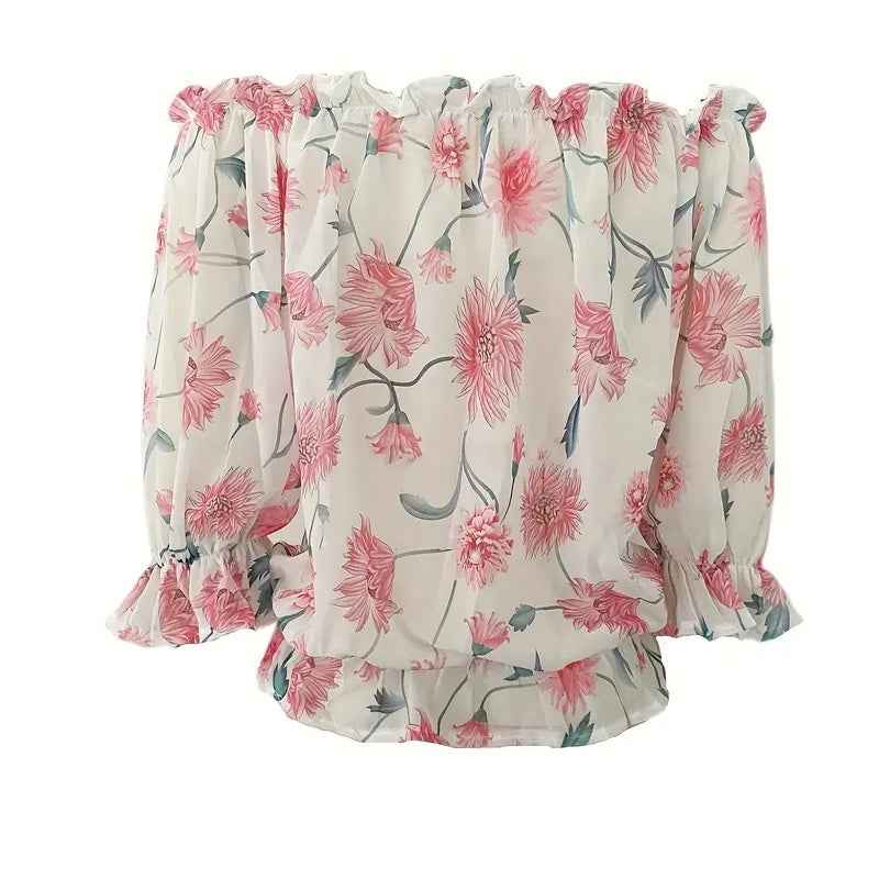 Womens Summer Off Shoulder Blouse Floral Print Ruffle Sleeve Casual Chiffon Tops Shirts