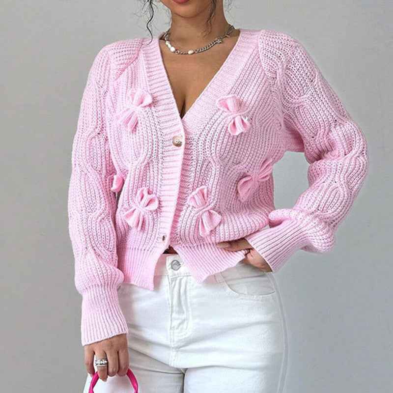 Women's Bow Cropped Cardigan - Long Sleeve V-Neck Button Down Knit Sweater Top