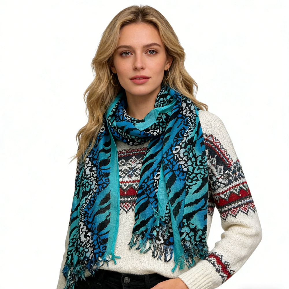 Turquoise Printed Viscose Scarf - Long Boho Scarf 72inchx22inch
