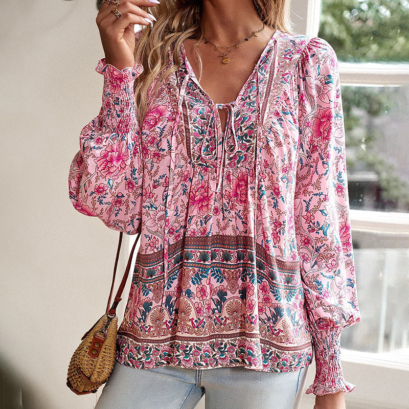 Wpmens Boho Chic Long Sleeve Blouse Floral Print V-Neck Top With Lace-Up & Drawstring Detail Elegant Vacation Shirt
