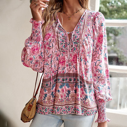 Wpmens Boho Chic Long Sleeve Blouse Floral Print V-Neck Top With Lace-Up & Drawstring Detail Elegant Vacation Shirt