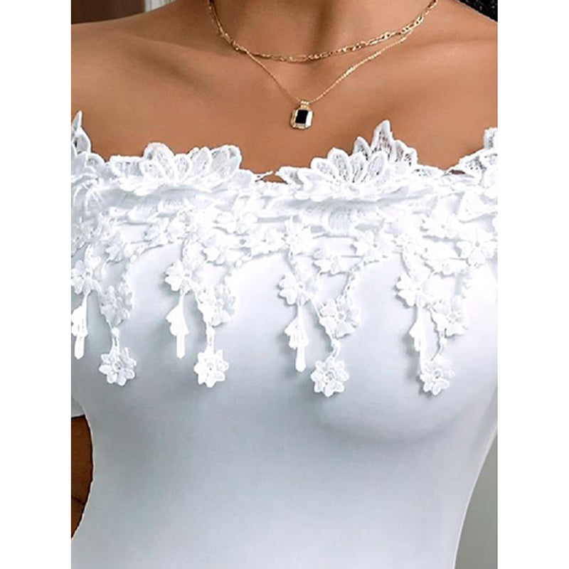 Women's Off Shoulder Short Sleeve Bodysuit Sexy Lace Bodycon Top